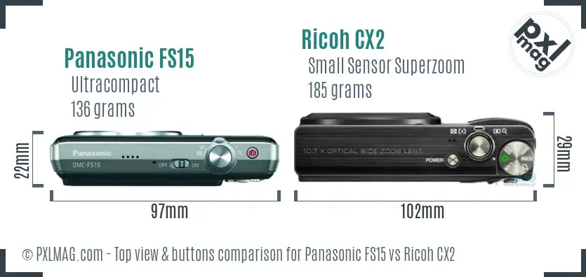 Panasonic FS15 vs Ricoh CX2 top view buttons comparison Panasonic FS15 vs Ricoh CX2 top view buttons comparison
