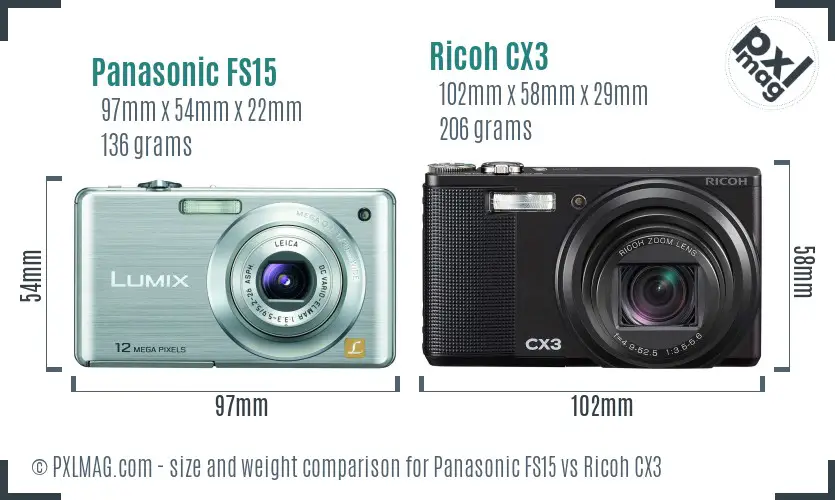 Panasonic FS15 vs Ricoh CX3 size comparison