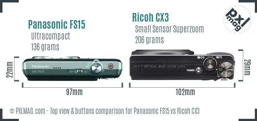 Panasonic FS15 vs Ricoh CX3 top view buttons comparison