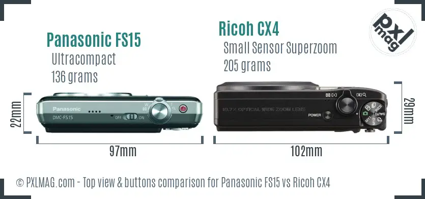 Panasonic FS15 vs Ricoh CX4 top view buttons comparison Panasonic FS15 vs Ricoh CX4 top view buttons comparison