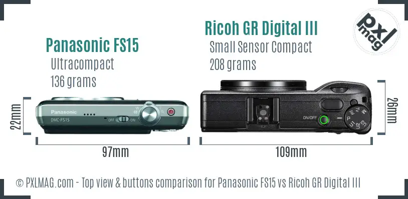 Panasonic FS15 vs Ricoh GR Digital III top view buttons comparison Panasonic FS15 vs Ricoh GR Digital III top view buttons comparison