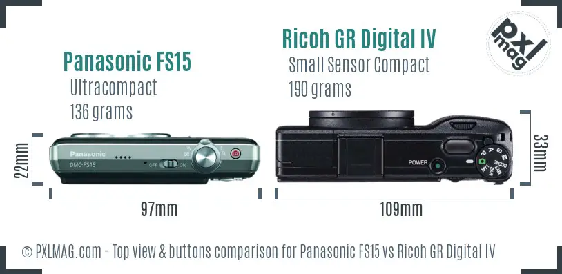 Panasonic FS15 vs Ricoh GR Digital IV top view buttons comparison
