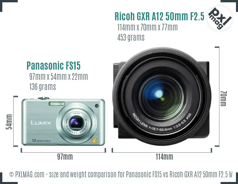 Panasonic FS15 vs Ricoh GXR A12 50mm F2.5 Macro size comparison