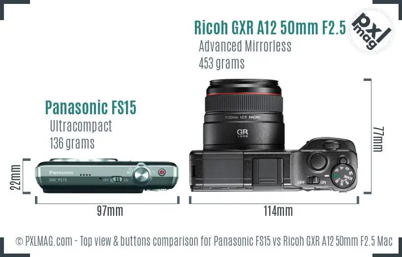 Panasonic FS15 vs Ricoh GXR A12 50mm F2.5 Macro top view buttons comparison