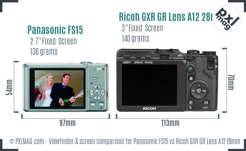 Panasonic FS15 vs Ricoh GXR GR Lens A12 28mm F2.5 Screen and Viewfinder comparison