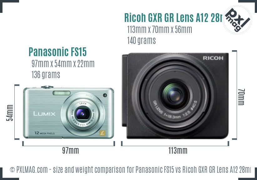 Panasonic FS15 vs Ricoh GXR GR Lens A12 28mm F2.5 size comparison Panasonic FS15 vs Ricoh GXR GR Lens A12 28mm F2.5 size comparison