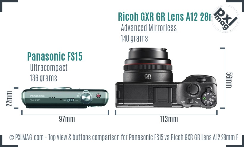 Panasonic FS15 vs Ricoh GXR GR Lens A12 28mm F2.5 top view buttons comparison