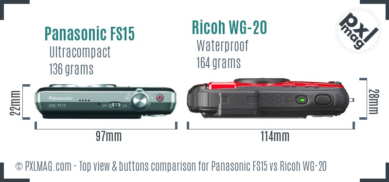 Panasonic FS15 vs Ricoh WG-20 top view buttons comparison