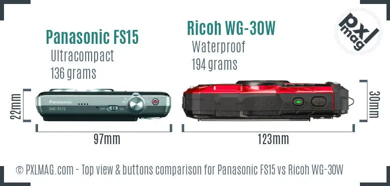 Panasonic FS15 vs Ricoh WG-30W top view buttons comparison Panasonic FS15 vs Ricoh WG-30W top view buttons comparison