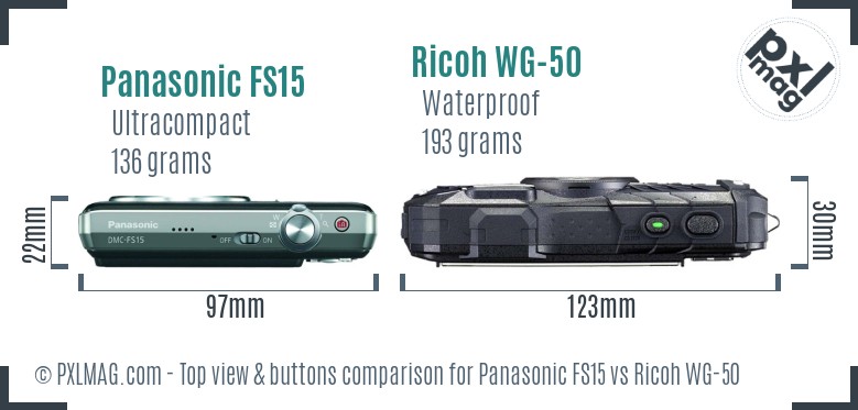 Panasonic FS15 vs Ricoh WG-50 top view buttons comparison