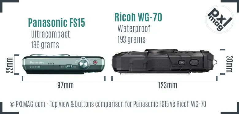 Panasonic FS15 vs Ricoh WG-70 top view buttons comparison Panasonic FS15 vs Ricoh WG-70 top view buttons comparison