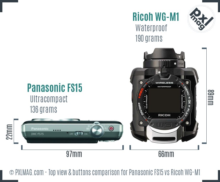 Panasonic FS15 vs Ricoh WG-M1 top view buttons comparison