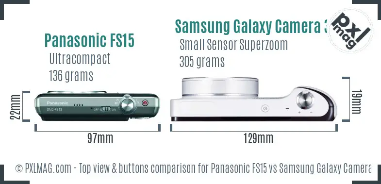 Panasonic FS15 vs Samsung Galaxy Camera 3G top view buttons comparison Panasonic FS15 vs Samsung Galaxy Camera 3G top view buttons comparison