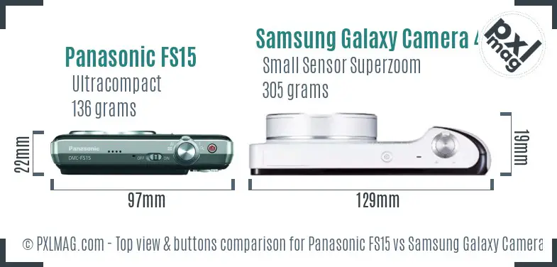 Panasonic FS15 vs Samsung Galaxy Camera 4G top view buttons comparison Panasonic FS15 vs Samsung Galaxy Camera 4G top view buttons comparison
