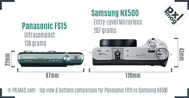 Panasonic FS15 vs Samsung NX500 top view buttons comparison Panasonic FS15 vs Samsung NX500 top view buttons comparison