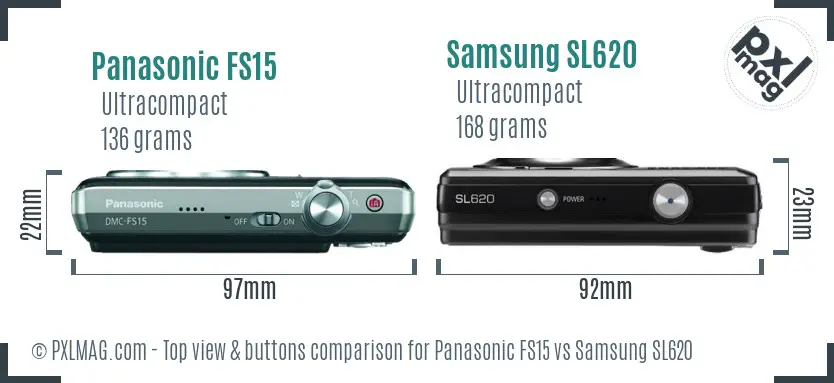 Panasonic FS15 vs Samsung SL620 top view buttons comparison