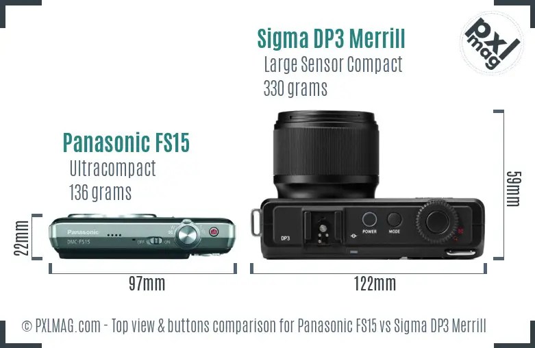 Panasonic FS15 vs Sigma DP3 Merrill top view buttons comparison Panasonic FS15 vs Sigma DP3 Merrill top view buttons comparison