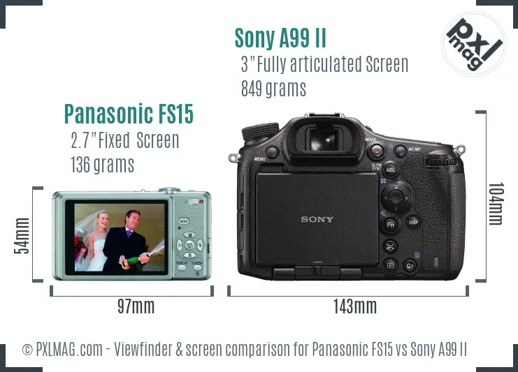 Panasonic FS15 vs Sony A99 II Screen and Viewfinder comparison