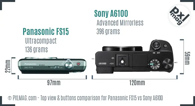 Panasonic FS15 vs Sony A6100 top view buttons comparison Panasonic FS15 vs Sony A6100 top view buttons comparison