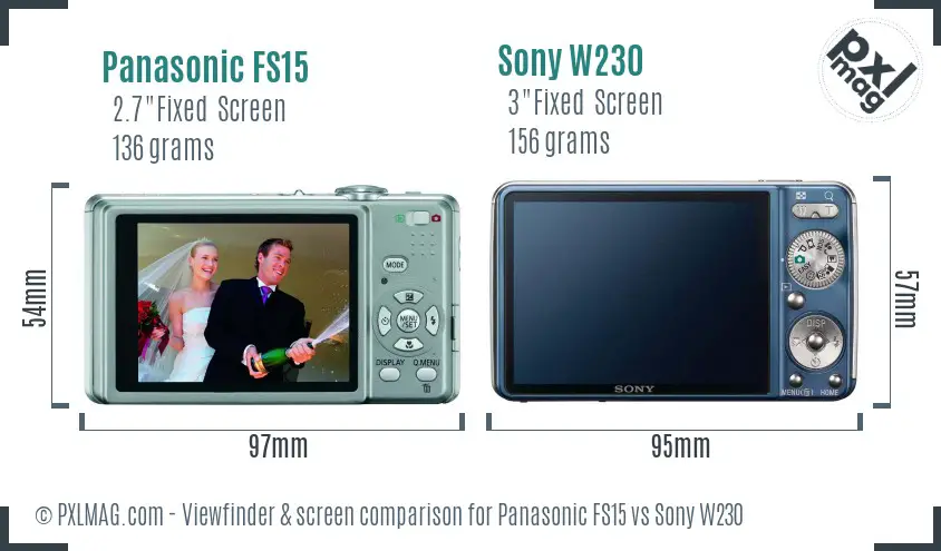 Panasonic FS15 vs Sony W230 Screen and Viewfinder comparison