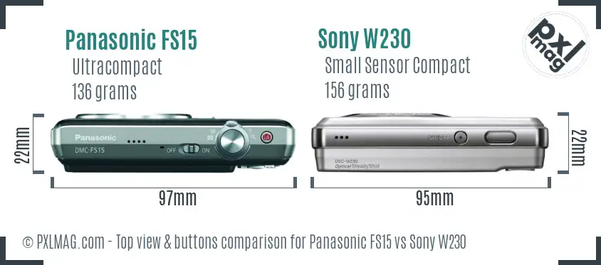 Panasonic FS15 vs Sony W230 top view buttons comparison