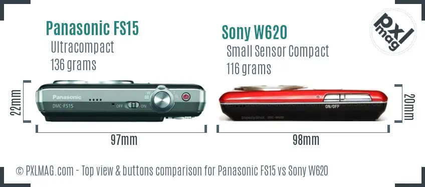 Panasonic FS15 vs Sony W620 top view buttons comparison