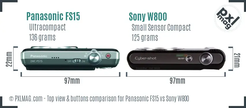 Panasonic FS15 vs Sony W800 top view buttons comparison