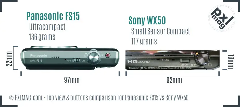 Panasonic FS15 vs Sony WX50 top view buttons comparison