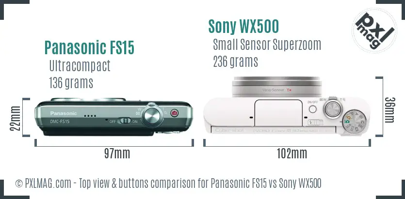 Panasonic FS15 vs Sony WX500 top view buttons comparison Panasonic FS15 vs Sony WX500 top view buttons comparison