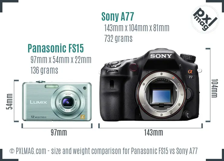 Panasonic FS15 vs Sony A77 size comparison