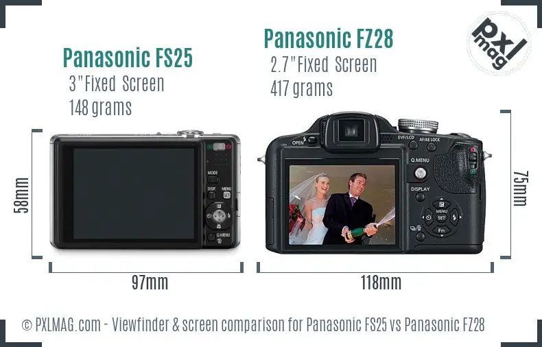 Panasonic FS25 vs Panasonic FZ28 Screen and Viewfinder comparison