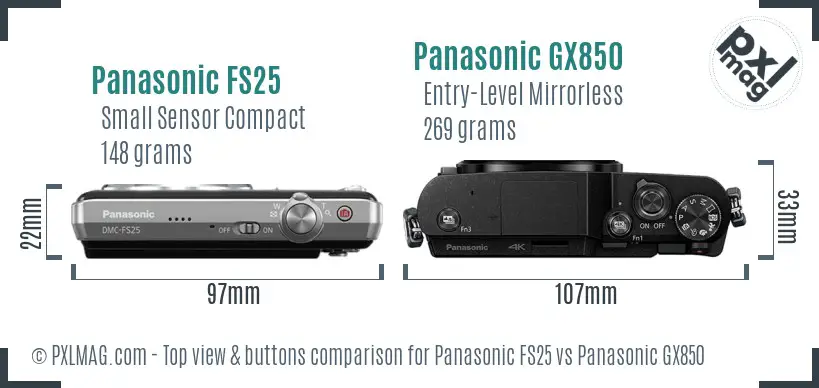 Panasonic FS25 vs Panasonic GX850 top view buttons comparison Panasonic FS25 vs Panasonic GX850 top view buttons comparison