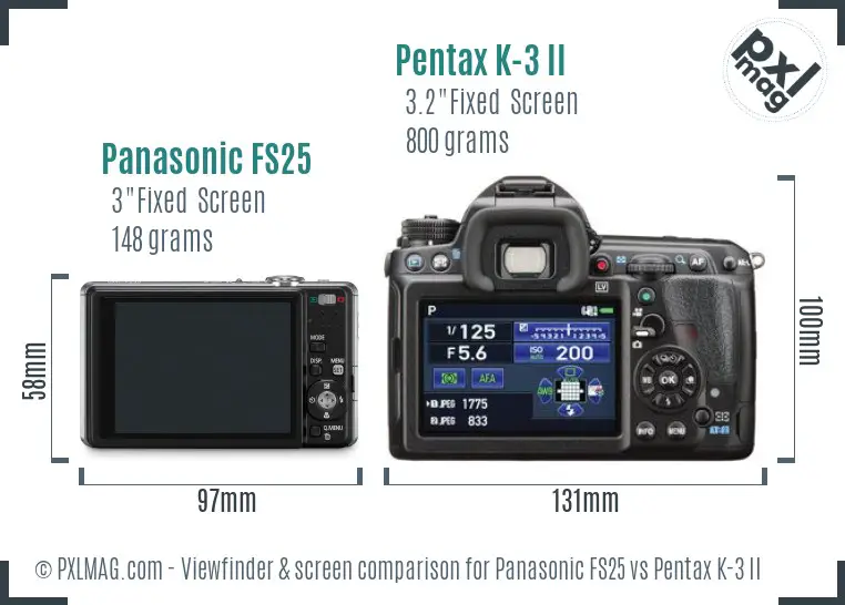 Panasonic FS25 vs Pentax K-3 II Screen and Viewfinder comparison