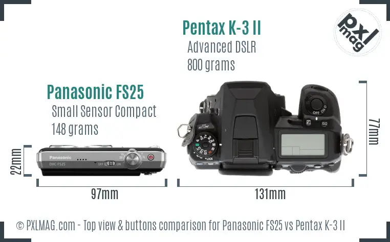 Panasonic FS25 vs Pentax K-3 II top view buttons comparison