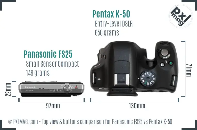 Panasonic FS25 vs Pentax K-50 top view buttons comparison