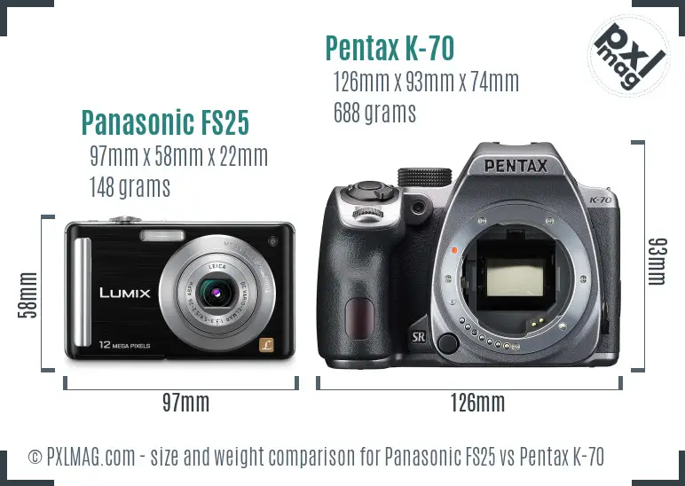 Panasonic FS25 vs Pentax K-70 size comparison