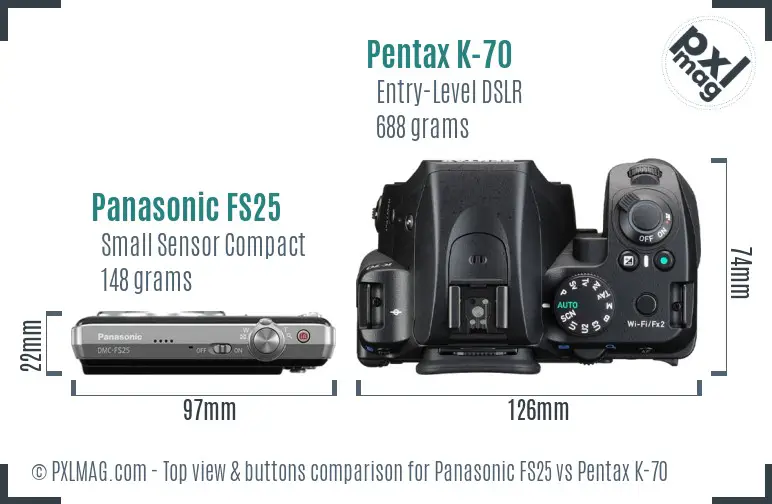 Panasonic FS25 vs Pentax K-70 top view buttons comparison