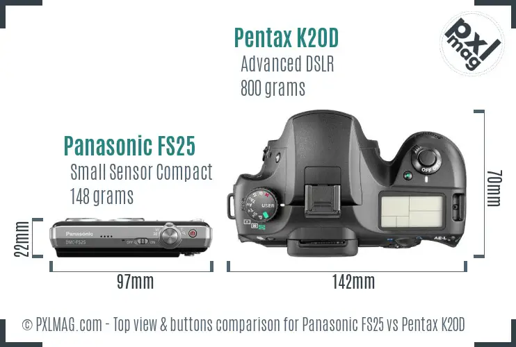 Panasonic FS25 vs Pentax K20D top view buttons comparison