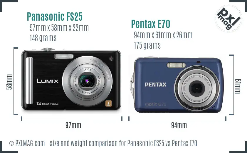 Panasonic FS25 vs Pentax E70 size comparison