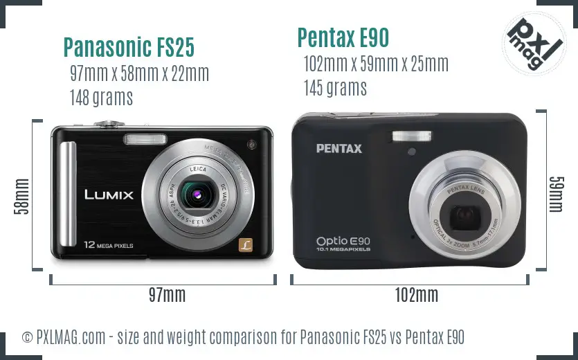 Panasonic FS25 vs Pentax E90 size comparison