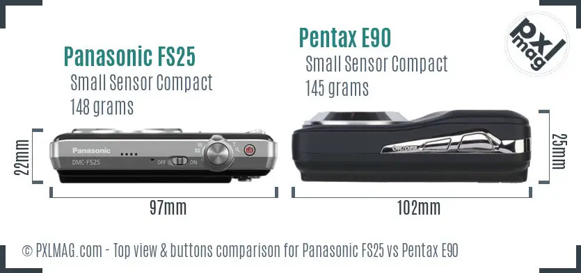 Panasonic FS25 vs Pentax E90 top view buttons comparison