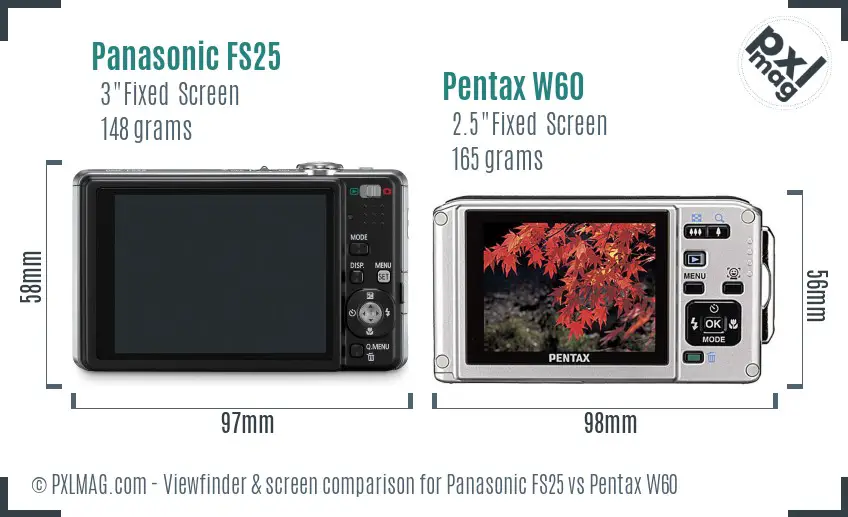 Panasonic FS25 vs Pentax W60 Screen and Viewfinder comparison