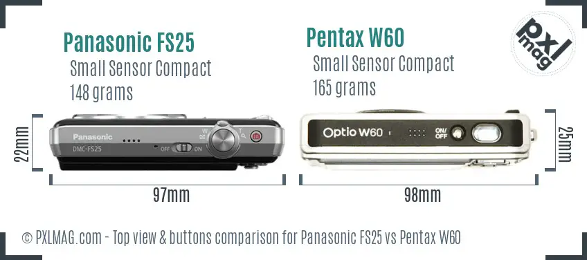 Panasonic FS25 vs Pentax W60 top view buttons comparison
