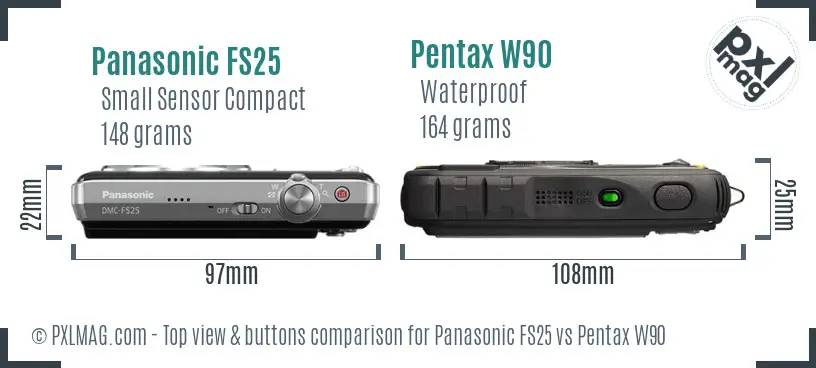 Panasonic FS25 vs Pentax W90 top view buttons comparison