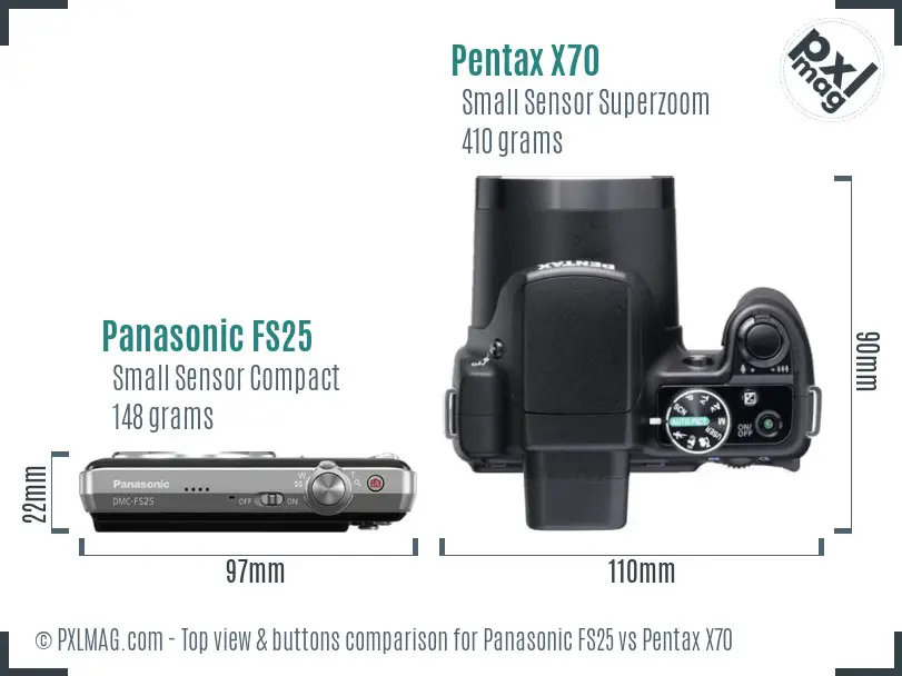 Panasonic FS25 vs Pentax X70 top view buttons comparison