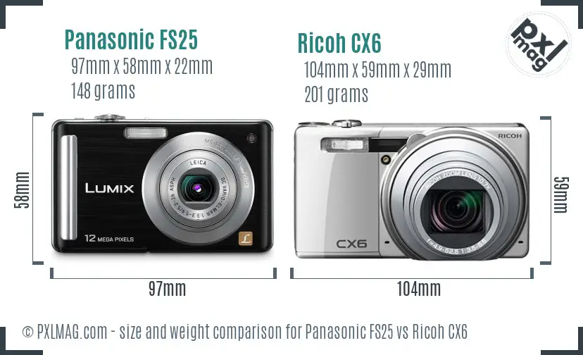 Panasonic FS25 vs Ricoh CX6 size comparison