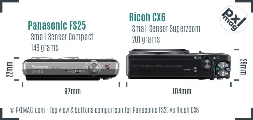 Panasonic FS25 vs Ricoh CX6 top view buttons comparison