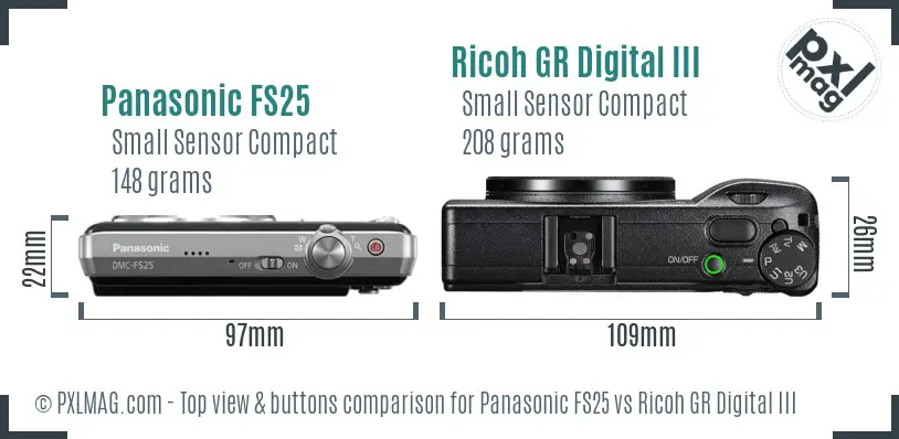 Panasonic FS25 vs Ricoh GR Digital III top view buttons comparison Panasonic FS25 vs Ricoh GR Digital III top view buttons comparison