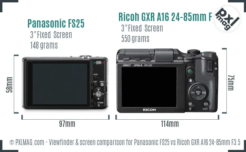 Panasonic FS25 vs Ricoh GXR A16 24-85mm F3.5-5.5 Screen and Viewfinder comparison