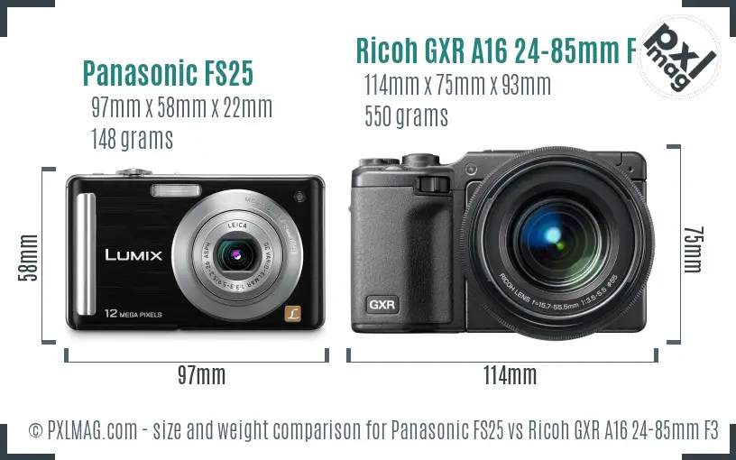 Panasonic FS25 vs Ricoh GXR A16 24-85mm F3.5-5.5 size comparison